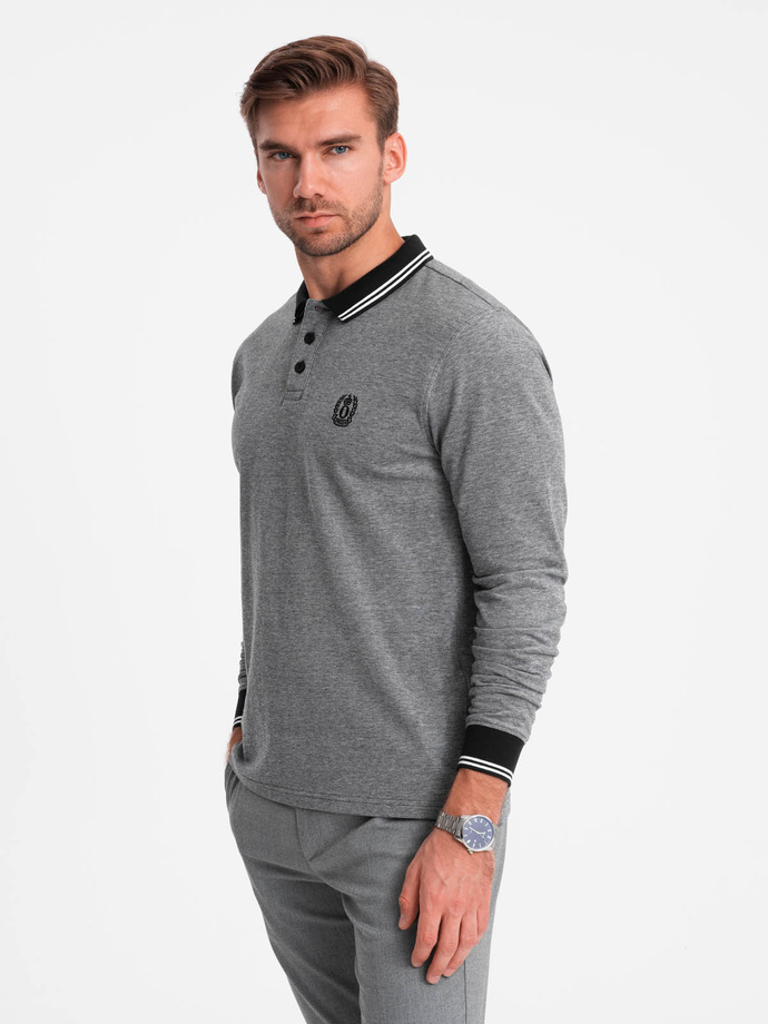 Melanżowy męski longsleeve polo z haftem – czarny melanż V1 OM-POLS-0129