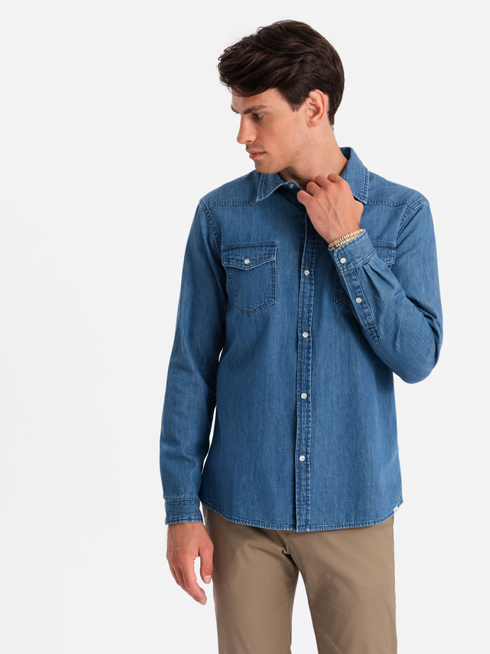 Men's denim snap shirt with pockets - blue V2 OM-SHDS-0115