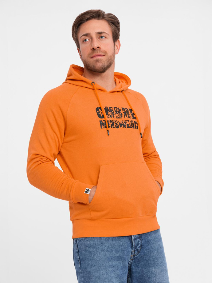 Men's kangaroo sweatshirt with hood and print - orange V1 OM-SSPS-0155