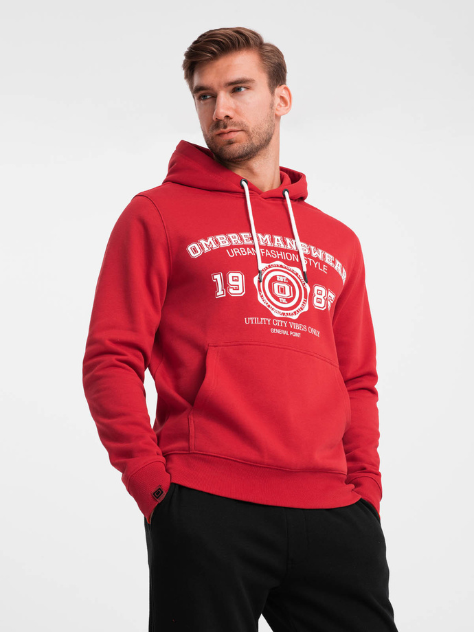 Men's college style printed kangaroo hoodie - red V1 OM-SSPS-0143