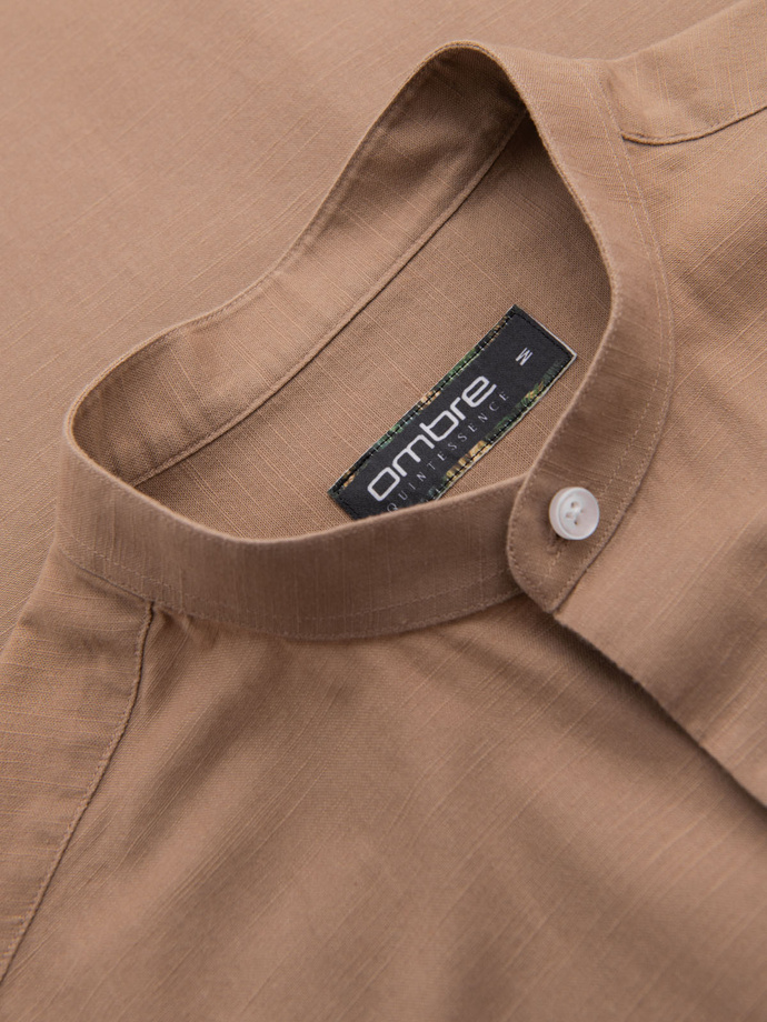 Men's linen shirt with stand-up collar and pocket REGULAR FIT - light brown V7 OM-SHCS-0161