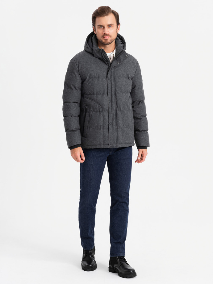 Casualowa męska kurtka puffer z wełną – czarny melanż V2 OM-JAHP-0203