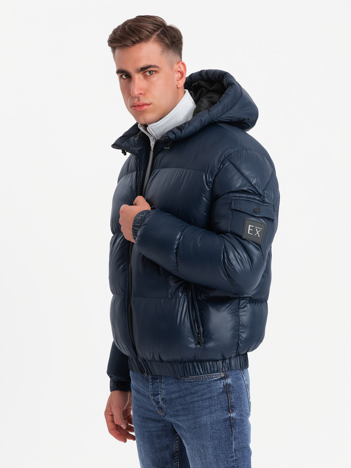 Warm men's puffer jacket with welts - navy blue V2 OM-JAHP-0207