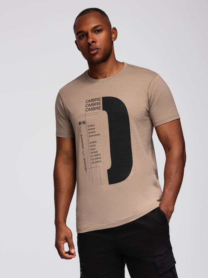 Men's printed cotton t-shirt - light brown V2 OM-TSPT-0166