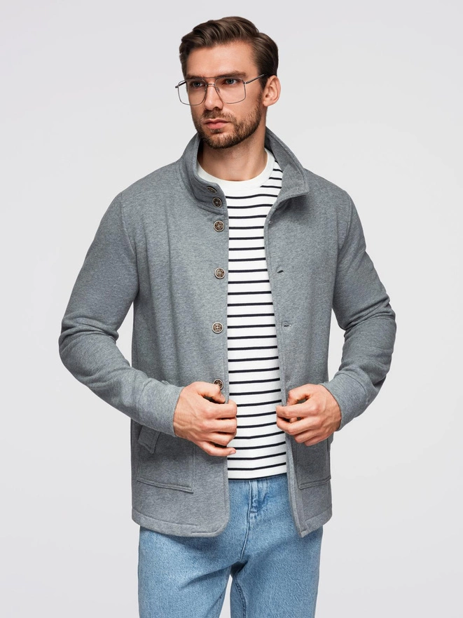 Men's button-down sweatshirt with stand-up collar - grey melange V7 OM-SSZP-0240
