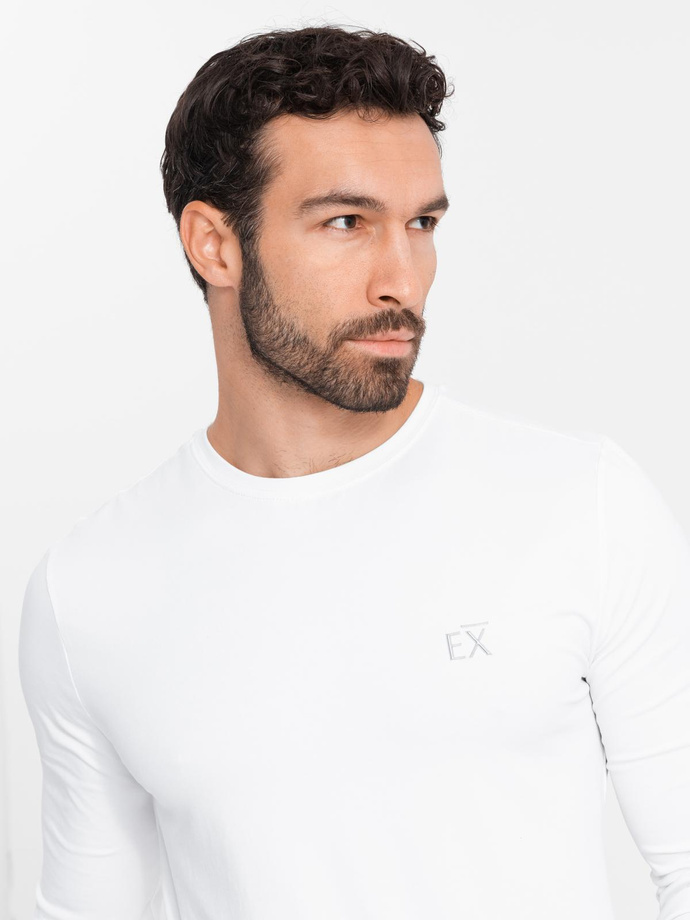 Męski longsleeve SLIM FIT z elastanem i printem – biały V2 OM-LSBC-0124