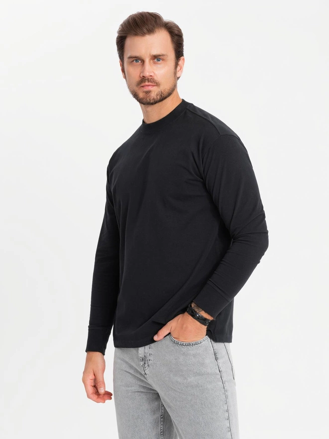 Men's LOOSE FIT cotton longsleeve with round neckline - black V1 OM-LSBC-0129