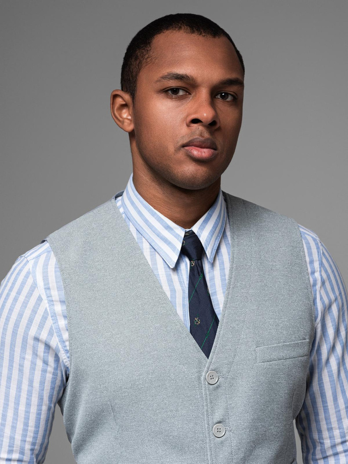 Fitted structured men's vest with patch pockets - grey melange V2 OM-BLZV-0146