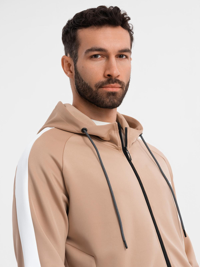 Unzipped men's hooded sweatshirt with piping - beige V4 OM-SSZP-0210