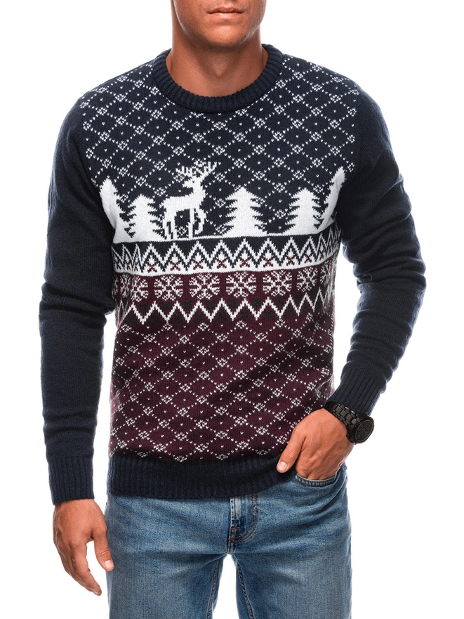 Men's Christmas winter jumper with reindeer - navy blue and white V1 EM-SWOS-0102