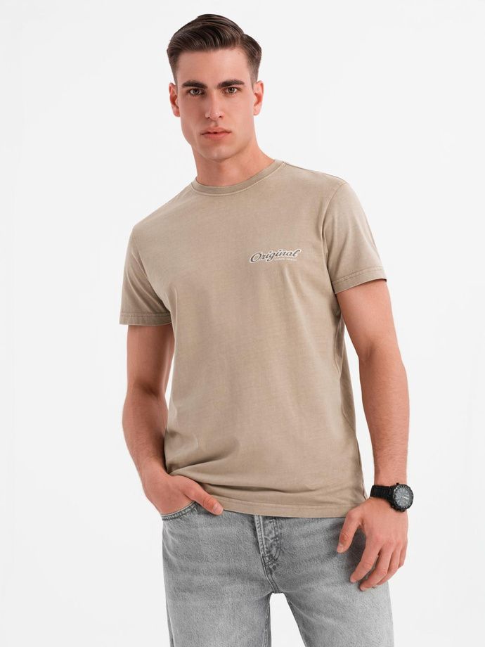 Bawełniana koszulka z nadrukiem na klatce i plecach - ciemnobeżowa V2 OM-TSWT-0201