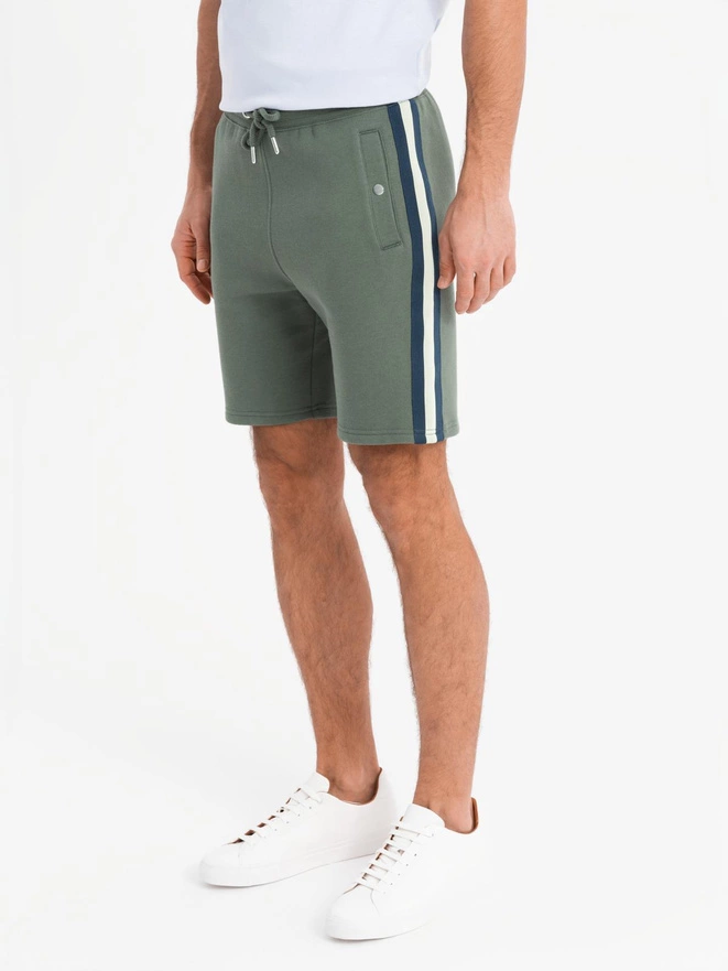 Men's sweat shorts with piping and drawstring waistband - olive V2 OM-SRSK-0156