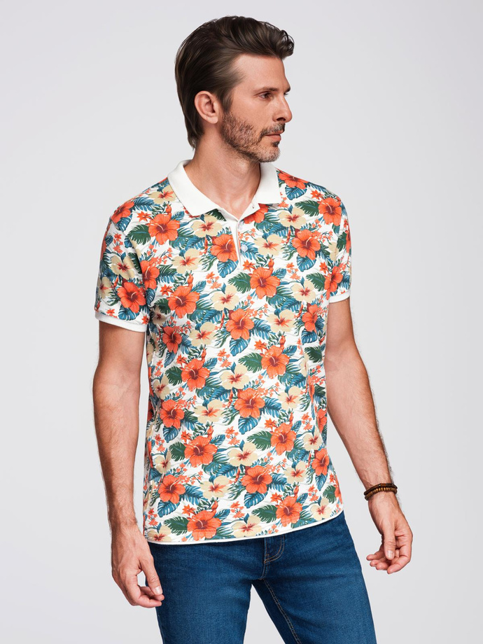 Cotton polo shirt with floral print - white V1 OM-POSS-0149