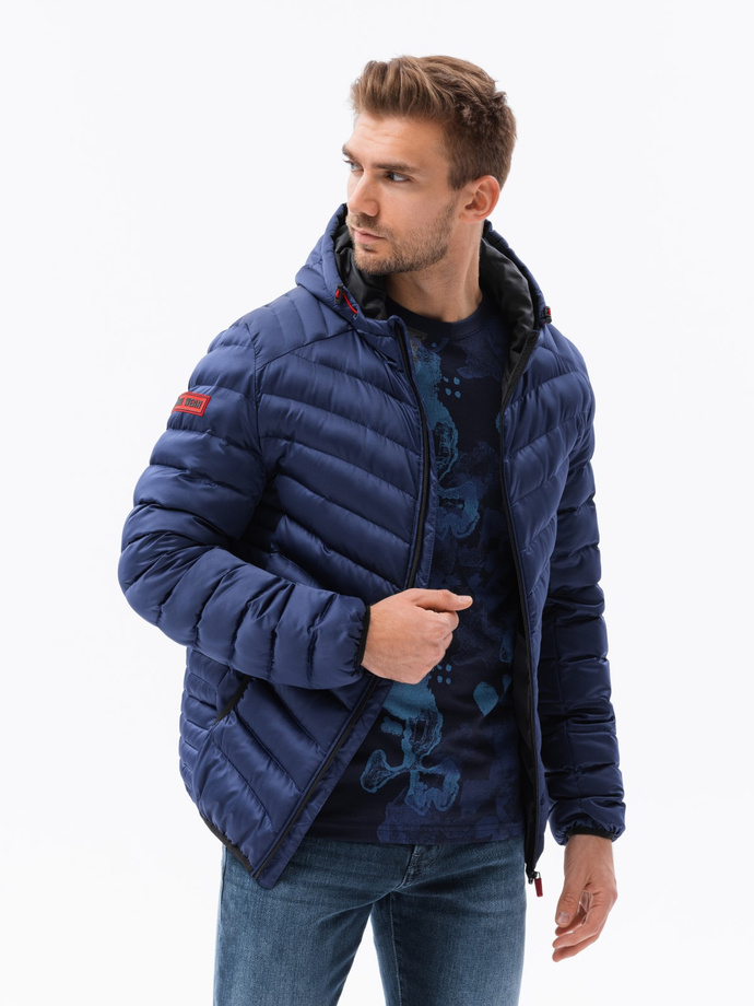 Men's quilted jacket with satin finish - dark blue V11 OM-JALP-0121