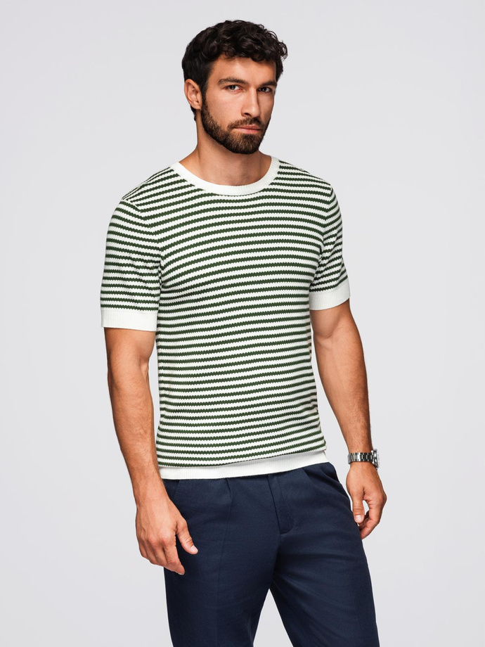 Men's knitted t-shirt with navy stripes and openwork weave - olive and white V3 OM-TSCT-0255