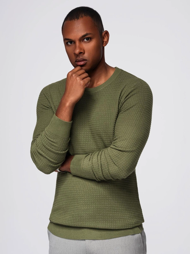 Structured men's sweater with round neckline - olive V1 OM-SWSW-0181