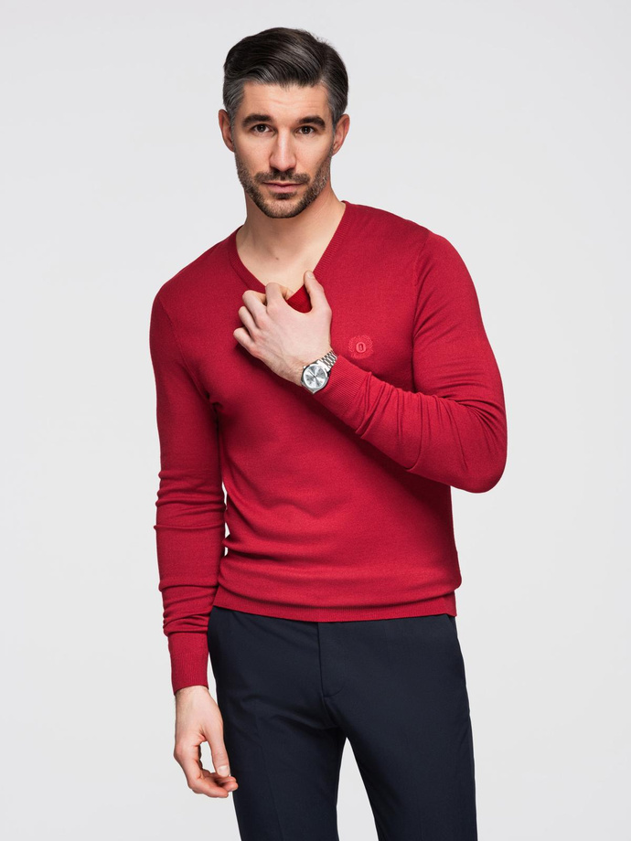 Men's elegant V-neck BASIC sweater with viscose - red V20 OM-SWBS-0107