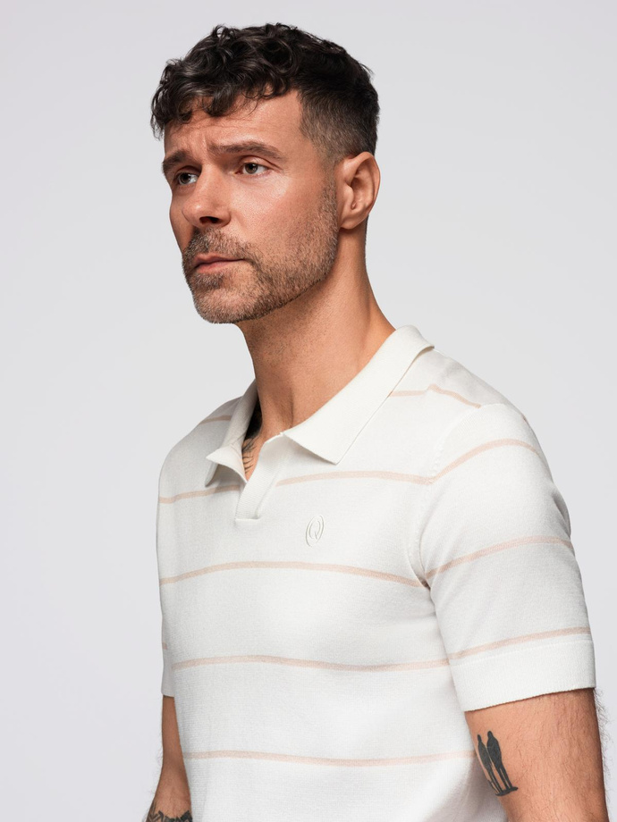 Koszulka polo męska w poziome paski z wiskozą – biało-beżowa V4 OM-POSS-0145