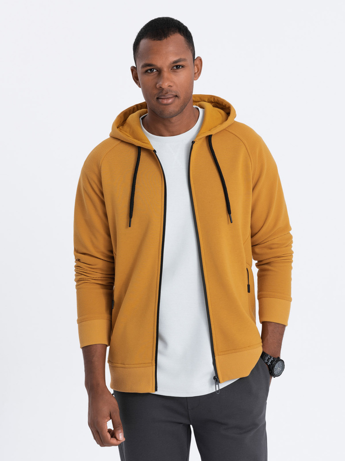 Men's unbuttoned hooded sweatshirt - mustard V7 OM-SSZP-0124