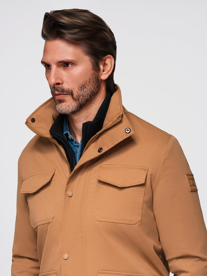 Men's lightweight jacket with pockets and high collar - brown V5 OM-JALP-0167