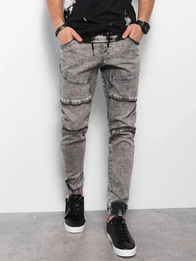Men's marbled JOGGERS pants with decorative stitching - gray V4 OM-PADJ-0111