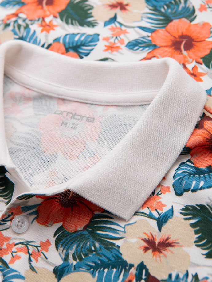 Cotton polo shirt with floral print - white V1 OM-POSS-0149