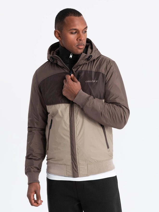 Lightweight colorful men's sports jacket with fleece - beige and dark brown V19 OM-JANP-0194