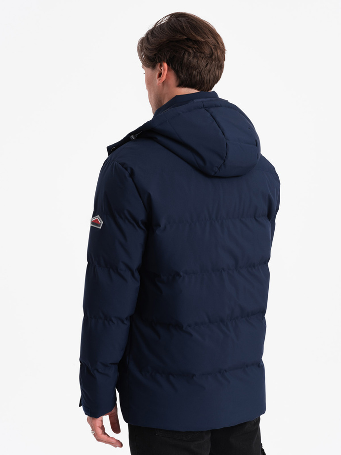 Men's winter jacket with detachable hood and cargo pockets - navy blue V1 OM-JAHP-0152
