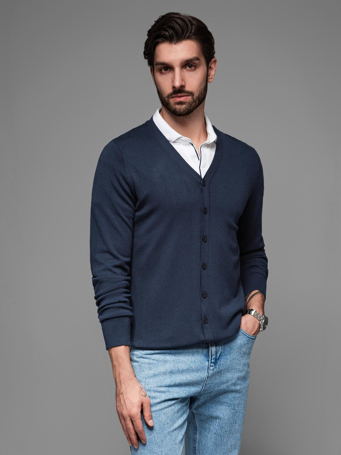 Knitted monochrome men's viscose cardigan - navy blue V1 OM-SWCD-0126