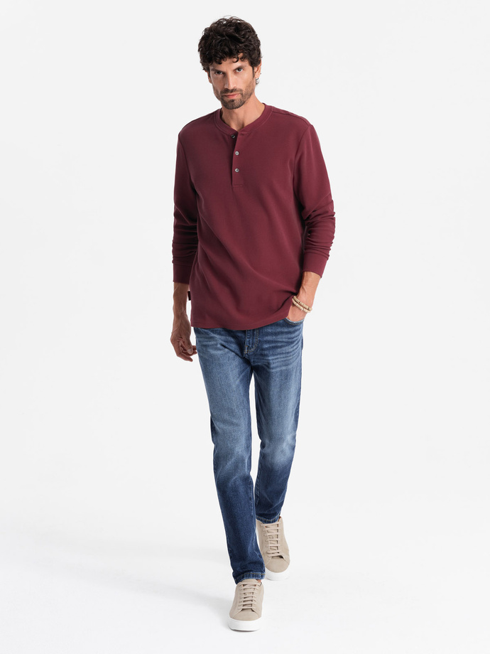 Button up neck men's waffle knit longsleeve - maroon V2 OM-LSCL-0120