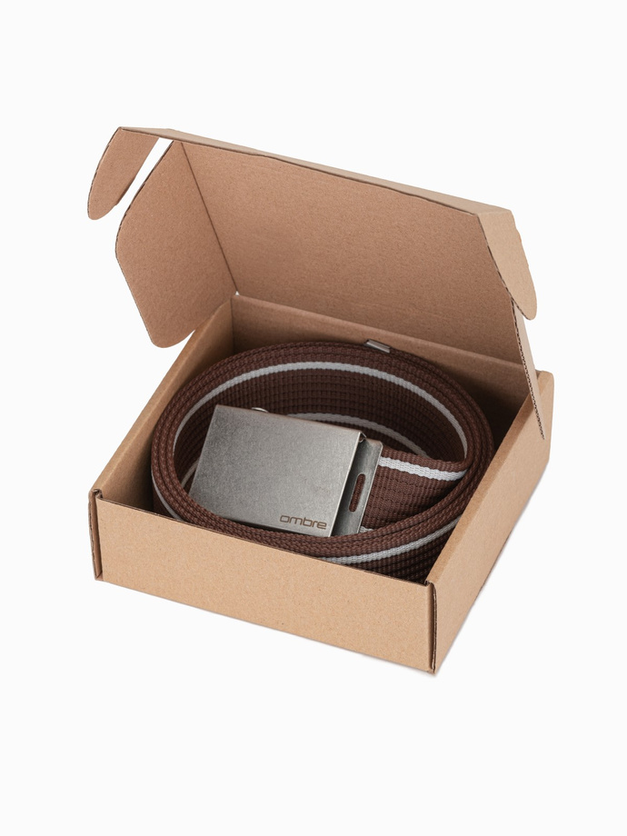 Two-tone men's parchment belt with horizontal stripes border - brown A820