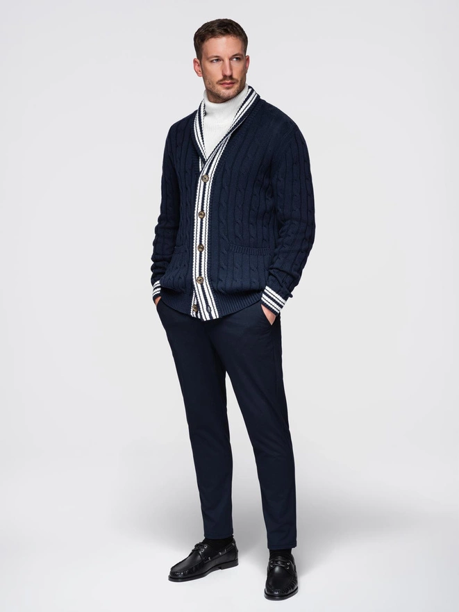 Men's cardigan sweater with shawl collar in preppy style - navy blue V4 OM-SWCD-0152