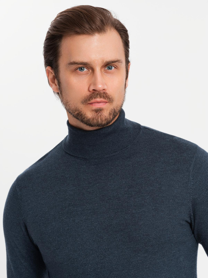 Men's knitted turtleneck with viscose - navy blue V4 OM-SWTN-0127