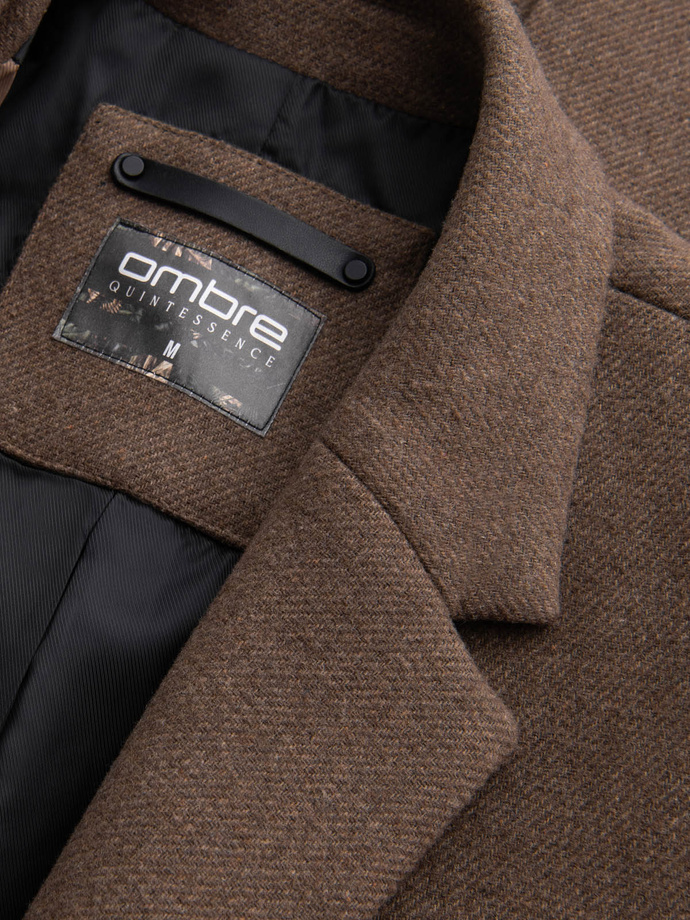 Elegancki jednorzędowy męski płaszcz z wełną – brązowy V1 OM-COWC-0114