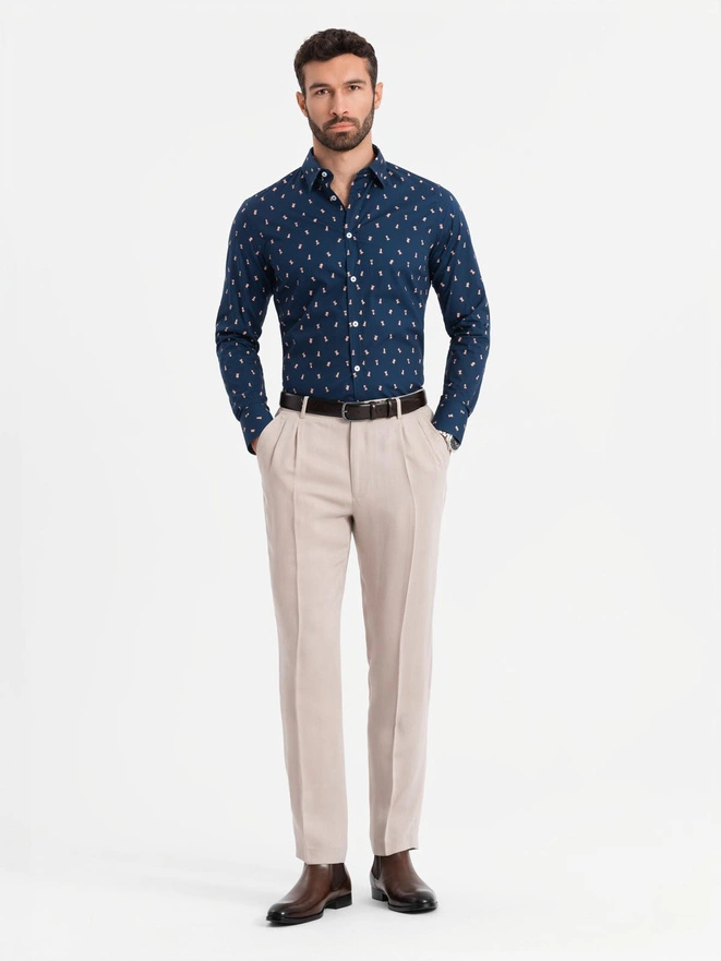 Bawełniana koszula męska we wzory SLIM FIT - atramentowa V3 OM-SHCS-0151