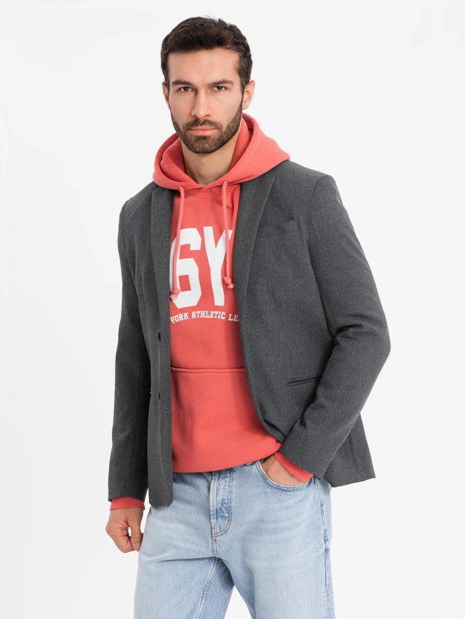 Elegancka marynarka męska z dekoracyjnymi guzikami na mankietach -  grafitowa V1 OM-BLZB-0114