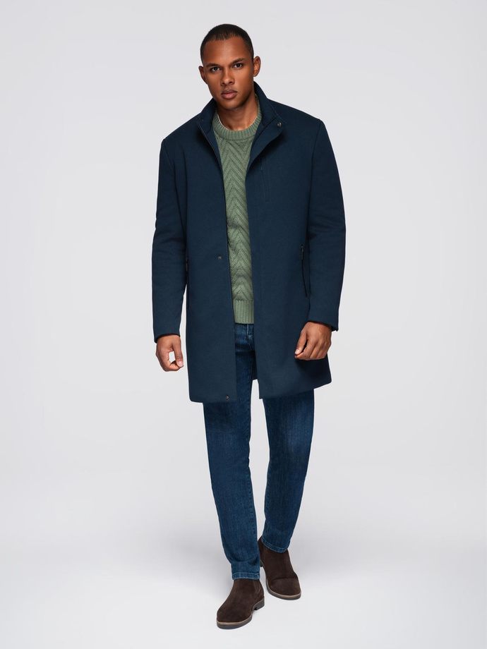 Men's tailored structured coat with high collar - navy blue V2 OM-COWC-0136