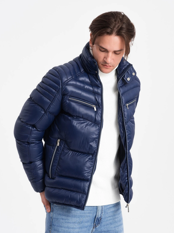 Heavily insulated quilted men's jacket with detachable hood - navy blue V2 OM-JAHP-22FW-010