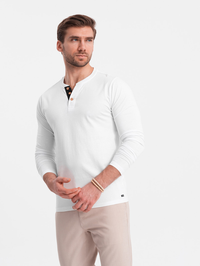 Men's longsleeve with buttons at the neckline - white V10 OM-LSCL-0107
