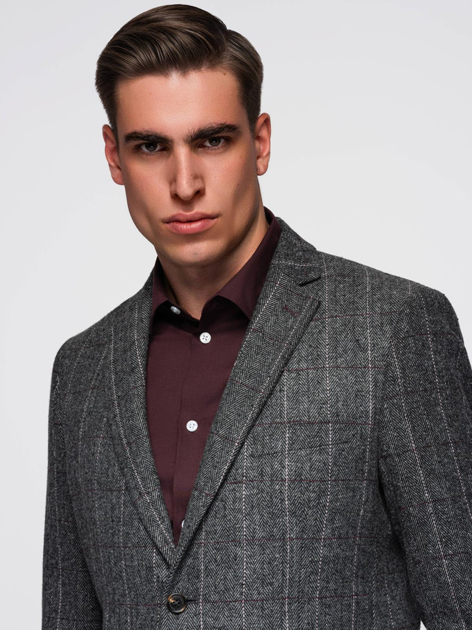 Elegant men's plaid blazer with wool blend - grey V1 OM-BLZB-0137