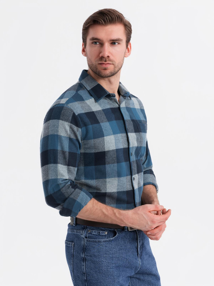 Koszula męska flanelowa w kratę - niebieska V4 OM-SHCS-0150