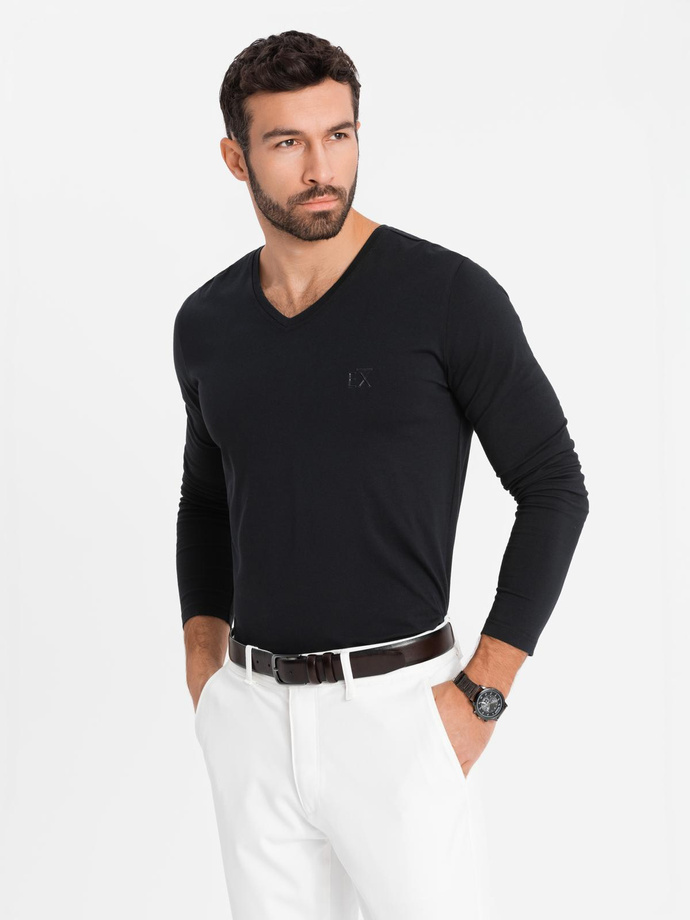 Longsleeve męski V-neck SLIM FIT z elastanem i printem – czarny V1 OM-LSBC-0123
