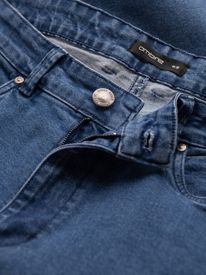 Washowane spodnie męskie jeansowe TAPERED FIT z przetarciami – niebieskie V2 OM-PADP-0163