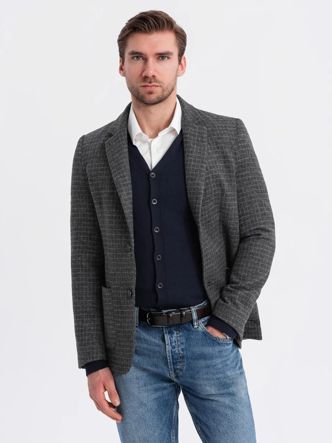 Men's checkered blazer with wool - graphite V2 OM-BLZB-0117