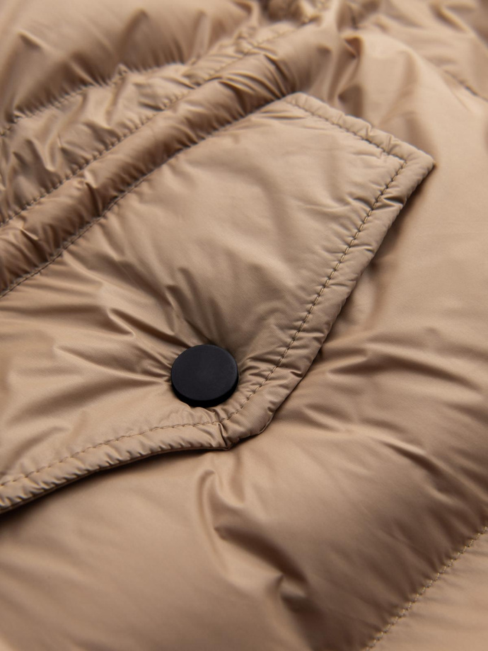 Długa męska kurtka puffer z zapinanymi kieszeniami – brązowa V2 OM-JALJ-0186