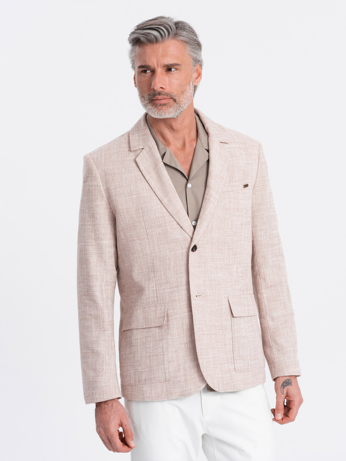 Men's REGULAR cut jacket with linen - light beige V2 OM-BLZB-0128