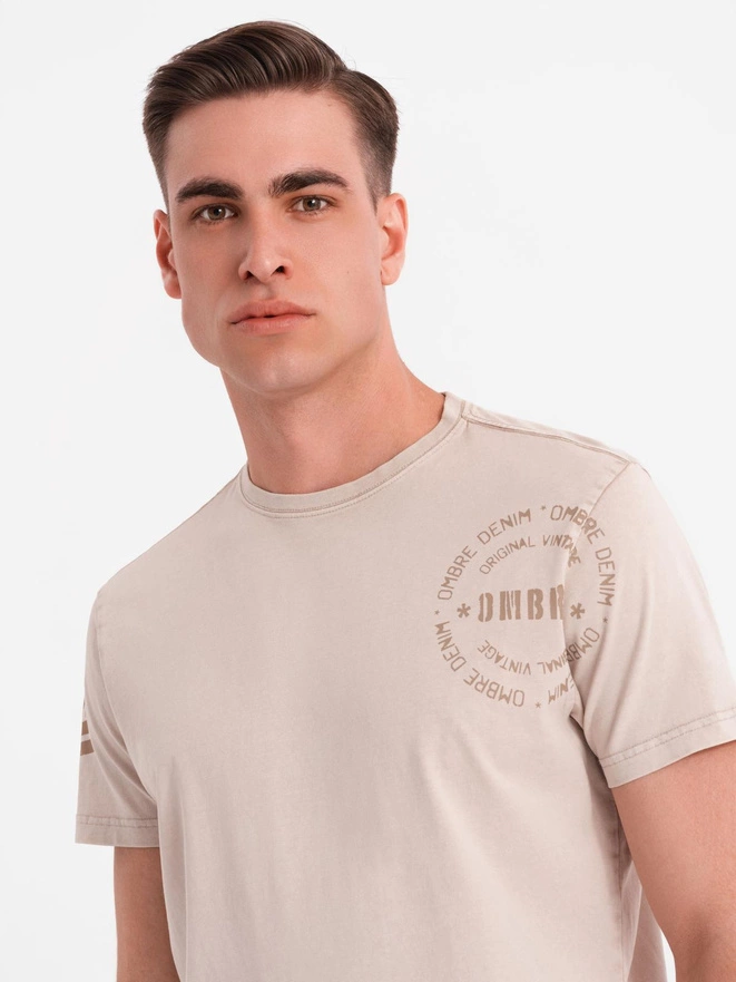 Men's military style printed cotton t-shirt - beige V1 OM-TSWT-0202