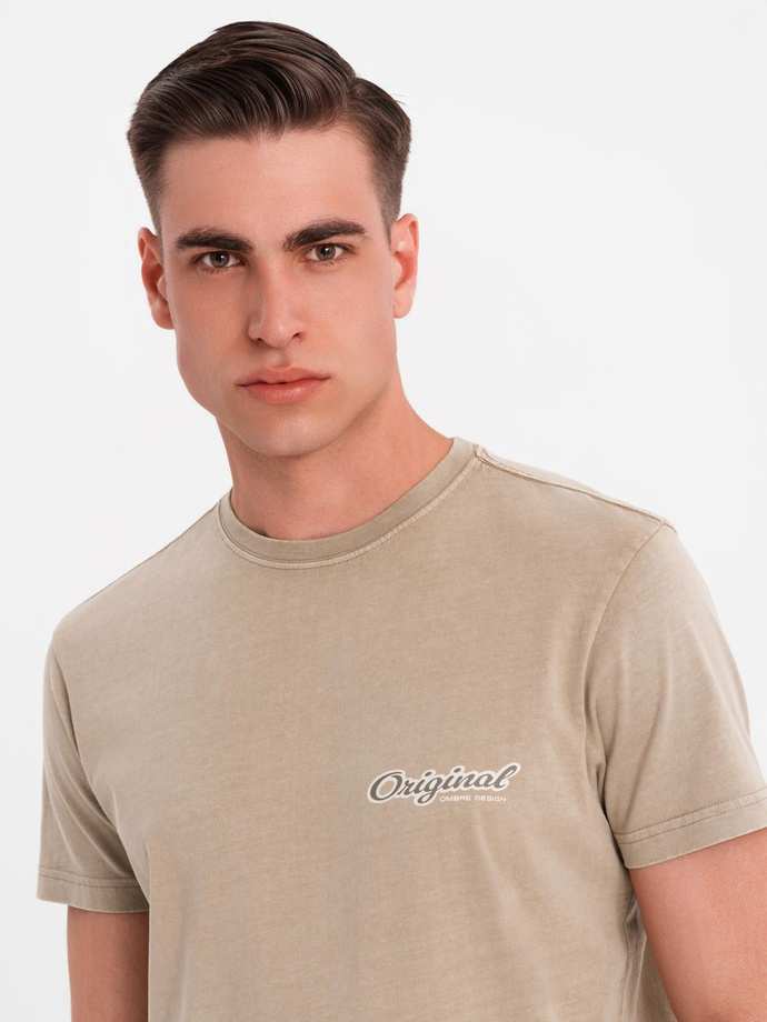 Cotton T-shirt with print on chest and back - dark beige V2 OM-TSWT-0201