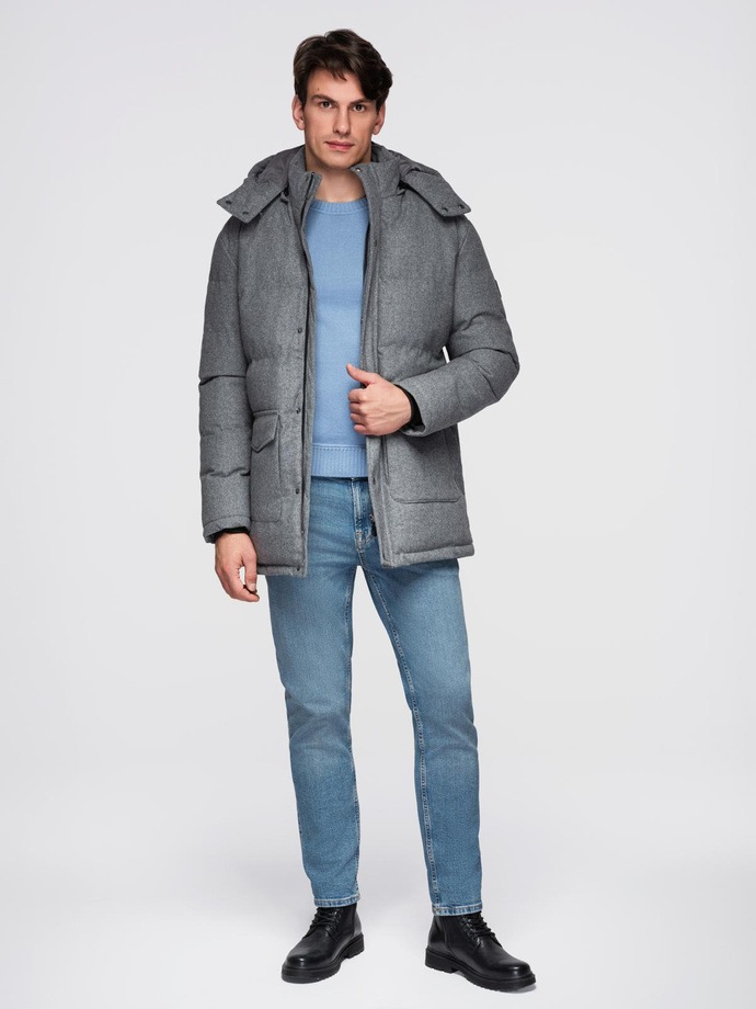 Warm long men's parka jacket with wool - grey melange V1 OM-JALJ-0217