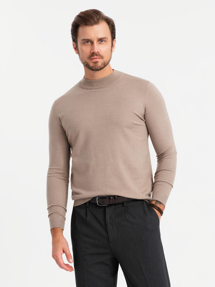 Men's knitted half turtleneck with viscose - dark beige V3 OM-SWTN-0125